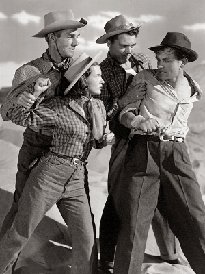 RandolphScott as Jim Carey, Ella Raines as Chris Jackson, William Bishop as Dave Wilson and John Ireland as Frazee in "The Walking Hills" (1949)