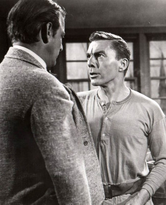 Denver Pyle as Bert Killian and David Wayne as Tracy Powell in The Naked Hills (1956)