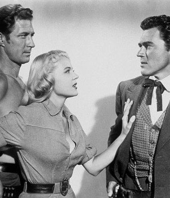 Jock Mahoney as Ross Granger, Peggie Castle as Ann Dennison and William Bishop as Del Stewart in Overland Pacific (1954)