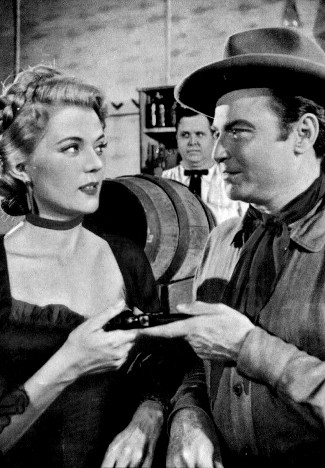 Peggie Castle as Waco Gans and Don Red Barry as Jesse James in Jesse James' Women (1954)