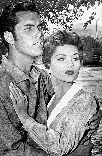 Jeffrey Hunter as Owen Brown and Debra Paget as Elizabeth Cark in Seven Angry Men (1955)