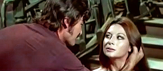 George Martin as Luke Morton harasses Rosalba Neri as the stage passenger in Watch Out Gringo, Sabata Will Shoot (1972)