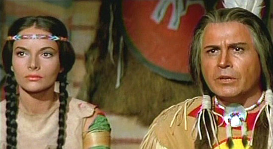 Karin Dor as Ribanna and Rikard Brezeska as Tah-Sha-Tunga in Last of the Renegades (1964)