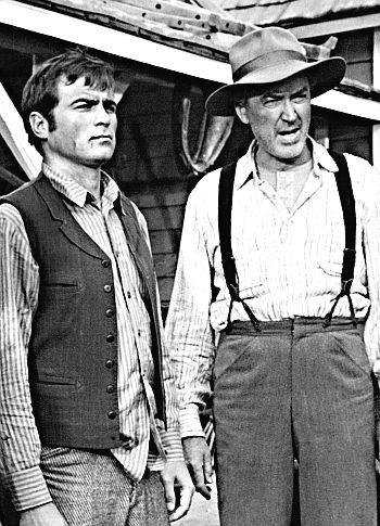 Glenn Corbett as Jacob Anderson and James Stewart as Charlie Anderson ask unwelcome guests to leave their farm in Shenandoah (1965)