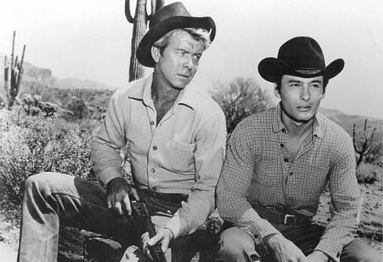 Gene Nelson as Gil Shephard with Jerry Summers as Martin Beaumont in The Purple Hills (1961)