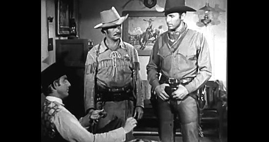 Denver Pyle as Jim Bailey and Tom Brown as Wild Bill Hickok give directions to the Arizona Kid (Bron Dellar) in I Killed Wild Bill Hickok (1956)