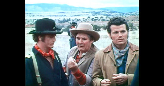 Lt. Malcolm (Guy Stockwell), Tin Pot (Pat Buttram) and Jim Boland (Patrick Wayne) discover Apache gold is part of their problem in The Gatling Gun (1971)