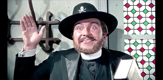 Pedro Armendariz Jr. as Algernon Brains Brawn, trying to pass himself of as just another bank customer in The Phantom Gunslinger (1970)
