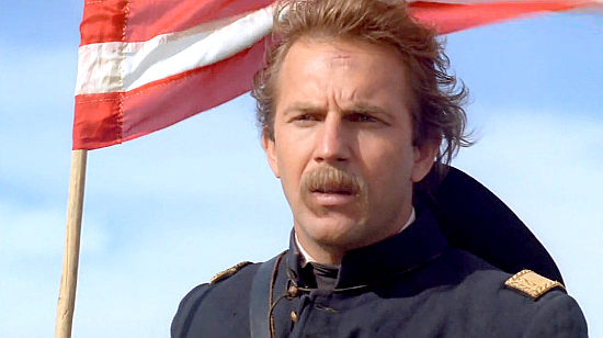 Kevin Costner as Lt. John Dunbar, riding out to meet the Sioux and finding a surprise in Dances with Wolves (1990)