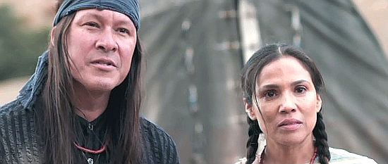 Rick Mora as Sa'ani and Tonantzin Carmelo as Alpana, Frank's Indian friends in A Soldier's Revenge (2020)