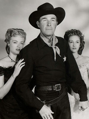 Jane Nigh as Florence Peel, Randolph Scott as Jim Dancer and Joan Taylor as Evelyn Slocum in Fighting Man of the Plains (1949)