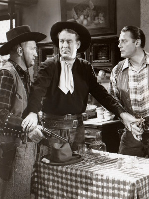 Joe Sawyer as Eli Cressett, Dick Foran as Joel Benton and Jon Hall as Ed Garry in "Deputy Marshal" (1949)