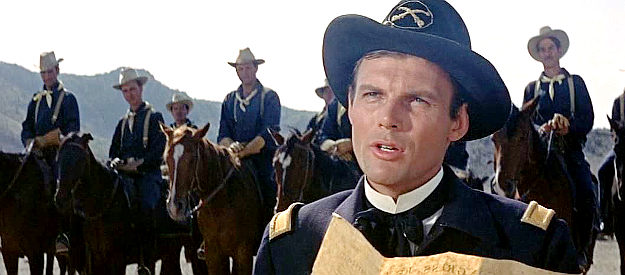 Adam West as Lt. Delahay, more sympathetic to the plight of the Apache than his colleagues in Geronimo (1962)