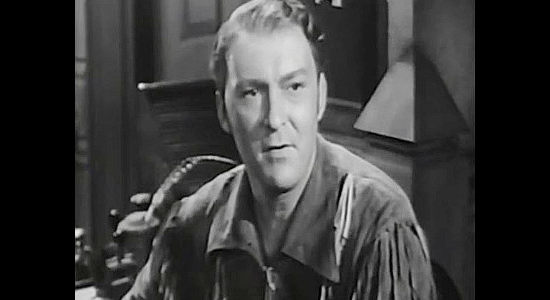 Albert Dekker as Gideon Skene, a man who sees Stephen Bent as a threat to the freight company he works for and his romantic plans in Buckskin Frontier (1943)