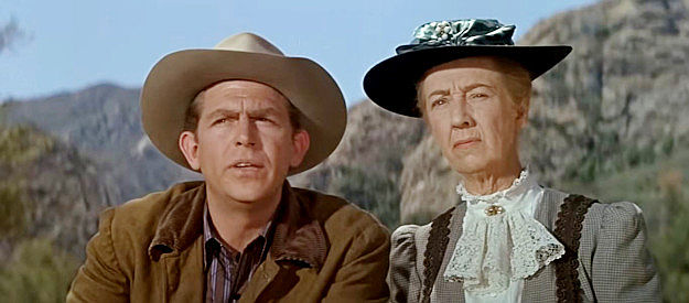 Andy Griffith as Pat Collins and his overly protective mom (Marie Blake as Blossom Rock) get their first glimpse of the new ranch hand in The Second Time Around (1961)