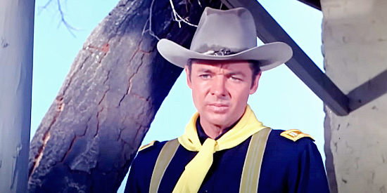 Audie Murphy as Capt. Jeff Stanton, an Indian-hating officer who finds himself falling for a half-breed woman in Apache Rifles (1964)