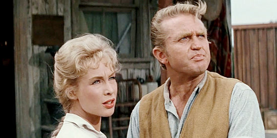Barbara Eden as Roslyn Pierce with her father Dred Pierce (Karl Swenson), a man biased against the Burtons in Flaming Star (1960)