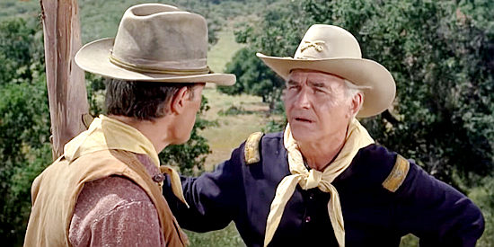 Byron Morrow as Col. Reed, the cavalry commander, getting a report from a scout in 40 Guns to Apache Pass (1967)