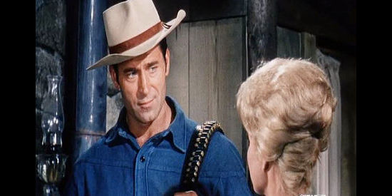 Clint Walker as Big Jim Cole ready to swap his old badge and six-gun for a loan for his ranch in The Night of the Grizzly (1966)