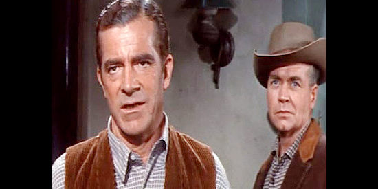 Dana Andrews as Tom Rosser, pleading his case and getting support from an unexpected source, Marshal Parker (Lyle Bettger) in Town Tamer (1965)