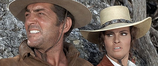 Dean Martin as Dee Bishop and Raquel Welch as Maria Stoner pinned down in Bandolero! (1969)