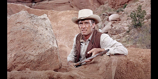 Dennis Weaver as Will Grange, looking to defend his wagon full of supplies as the Apache prepare to attack in Duel at Diablo (1966)