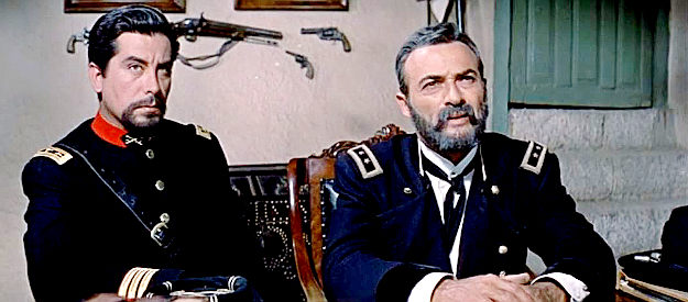 Edcuardo Noriega as Col. Morales and Lawrence Dobkin as Gen. Crook, planning their next move against the Apache in Geronimo (1962)