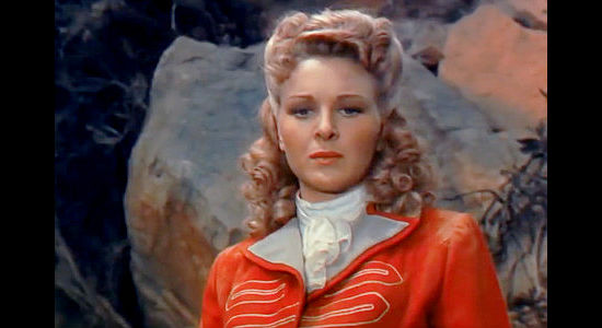 Evelyn Ankers as Alice Munro, finding the American frontier a bit too wild for her liking in Last of the Redmen (1947)