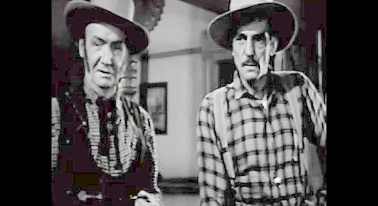 Harry Allen as McWhinny and Francis McDonald as Duval, complaining to Jeptha Marr about his freight prices in Buckskin Frontier (1943)