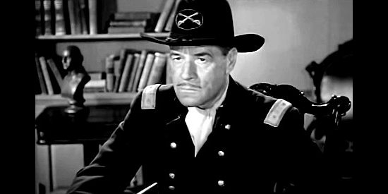 Jack Holt as Major Barker, the first Union officer to wind up in custody of Jean Shelby in Renegade Girl (1946)