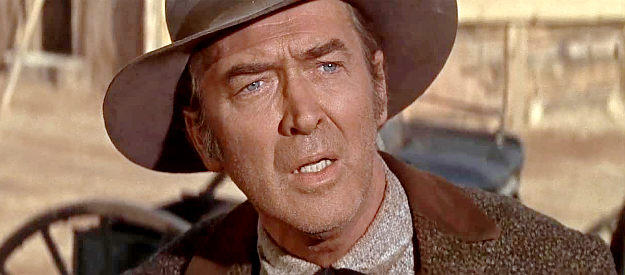 James Stewart as Johnny Cobb, concerned about a pregnant wife and five unruly strangers who arrive in Firecreek (1968)