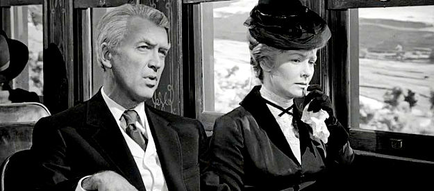 James Stewart as Ransom Stoddard and Vera Miles as Hallie Stoddard, reflecting on their visit to Shinbone in The Man Who Shot Liberty Valance (1962)