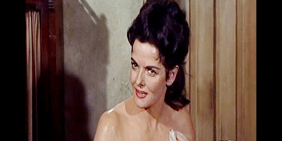 Jane Russell as Nona Williams, her bath interrupted by old beau Johnny Reno in Johnny Reno (1966)