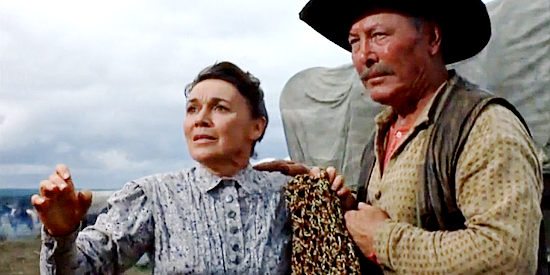 Jeanette Nolan as Mary McCandless with her husband, hoping McCabe can find her captured son in Two Rode Together (1961)