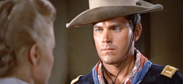 Jeffrey Hunter as Lt. Tom Cantrell, listening to Mary Beecher's account of how Rutledge saved her life in Sergeant Rutledge (1960)