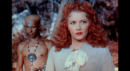 Julie Bishop as Cora Munro, realizing she's caught Magua's eye in Last of the Redmen (1947)