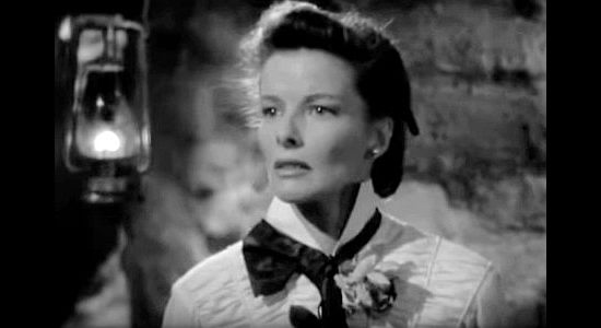 Katherine Hepburn as Lutie Brewster, trying to understand how her husband could love land more than people in The Sea of Grass (1947)
