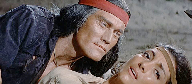 Kamala Devi as Teela, pleading with Geronimo (Chuck Connors) to surrender in Geronimo (1962)