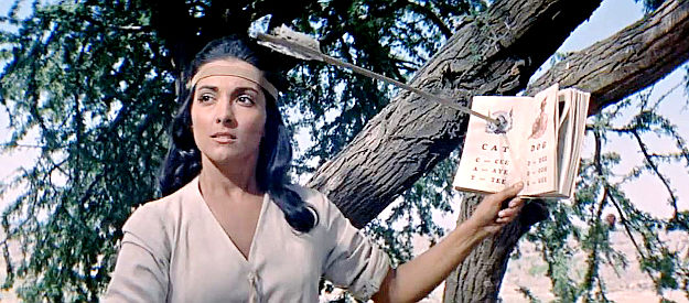 Kamala Devi as Teela, with an arrow in her school book, courtesy of Geronimo in Geronimo (1962)