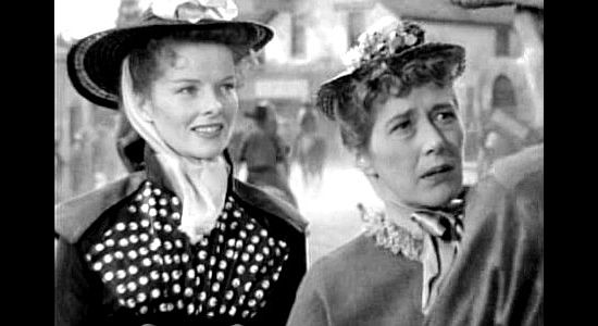 Katherine Hepburn as Lutie Brewster, arriving in Salt Flats with her new friend, Selina Hall (Ruth Nelson), a homesteader in The Sea of Grass (1947)