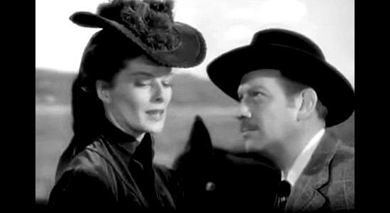 Katherine Hepburn as Lutie Brewster with attorney Brice Chamberlain, the other man who falls in love with her in The Sea of Grass (1947)