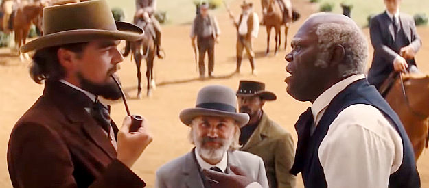Leonardo DiCaprio as Calvin Candie and Samuel L. Jackson as Stephen welcoming Dr. Schultz and Django to Candieland in Django Unchained (2012)