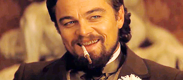 Leonardo DiCaprio as Calvin Candie, satisfied at having gotten the best of Dr. Schultz in Django Unchained (2012)