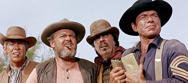 Lewton Cole (James Coburn), Sheriff Copperud (Carroll O'Connor), Hilb (Timothy Carey) and Sgt. Foggers (Claude Akins) find the gold in Waterhole #3 (1967)