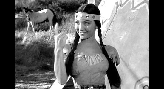 Linda Brent as Sunbeam, beckoning an eager Willoughby to the teepee he's pierced with an arrow in Ride 'Em Cowboy (1942)