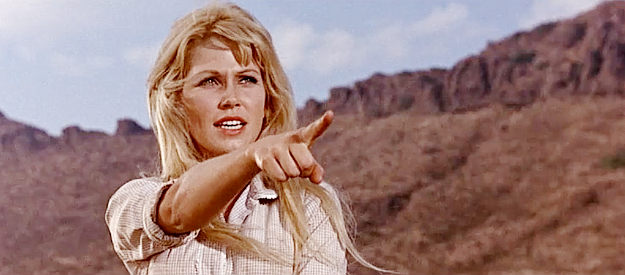 Margaret Blye as Billie Copperub, pointing out her assailant to the cavalry in Waterhole #3 (1967)