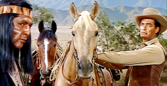 Abel Fernandez as a young Apache chief and Rory Calhoun as Jim Walker in Apache Uprising (1966)