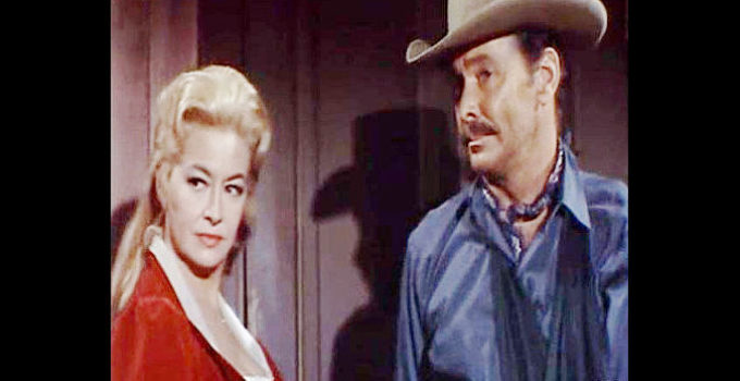 Barry Sullivan as Sheriff Horne and Marilyn Maxwell as Leah Parker, wondering if they can salvage a future together in Stage to Thunder Rock (1964)