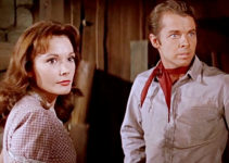 Felicia Farr as Janet and Audie Murphy as Clay Santell, reacing to unexpeced visitors in Hell Bent for Leather (1960)