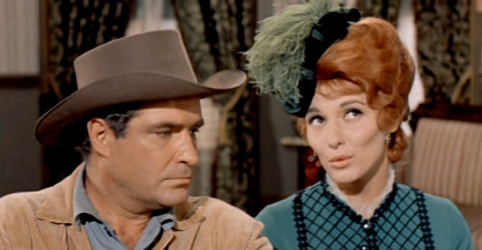 James Philbrook as Marshal Jim McDowell and Nancy Kovack as Rose Sharon in The Wild Westerners (1962)